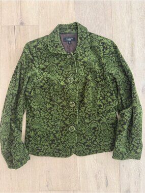 Talbots Vintage Olive Green Patterned Velvet Blazer Womens size 12P cotton